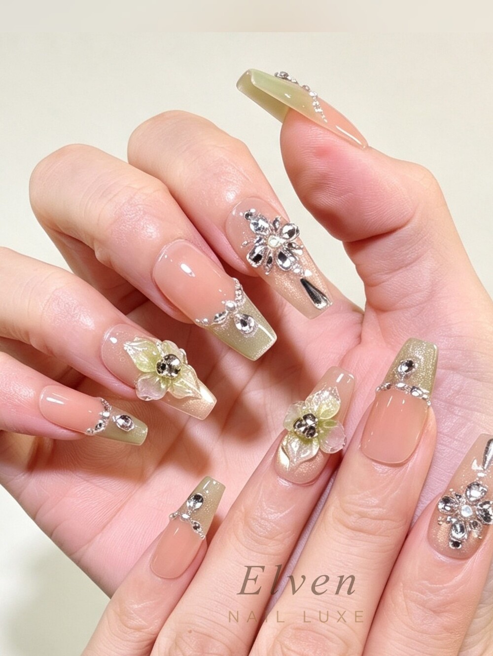 Nude Mint Green Long Coffin Press On Nails With 3D Flowers & Rhinestones